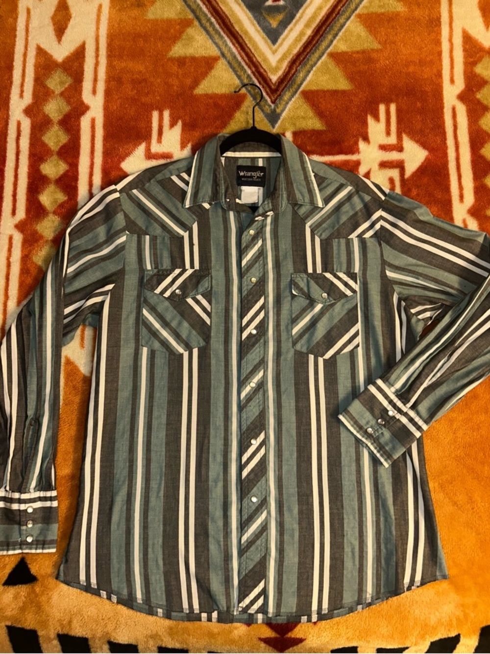 Vintage Wrangler Striped Western Shirt in Teal, Gray & White